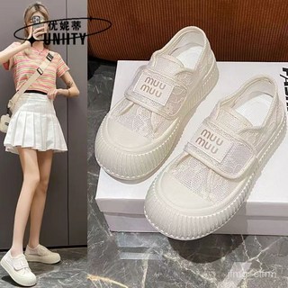 女士休閒鞋 增高老爹鞋 百搭休閒鞋 優妮蒂魔術貼蕾絲網麵厚底帆布鞋女夏季透氣小白鞋百搭休閒闆鞋潮
