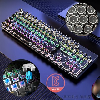 세계일주 유선 게이밍 기계식 키보드 RGB 레트로 키캡 레인보우 청축 104 KEY, 블랙, BK