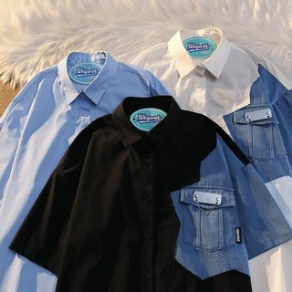 美式潮牌創意情侶拼接短袖襯衫男女夏寬鬆休閒百搭襯衣