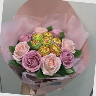 사탕꽃다발 츄파춥스 롤리팝 부케 핑크장미 조화꽃 기념일선물세트, 1개