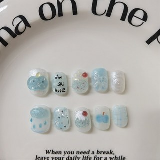 도쿄네일 10p 일본 소녀 느낌 학생 네일 심플 하늘색 계열 사과 리본 포인트 아트 네일팁 재사용 탈부착 가능, 1개, xs사이즈