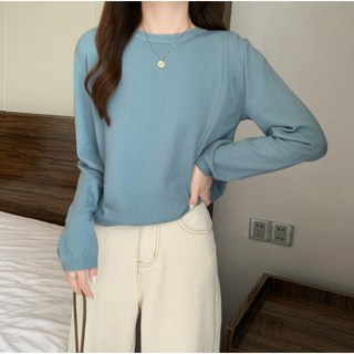 HanVo 極百搭素色圓領針織上衣 韓系休閒百搭針織衫 女生衣著