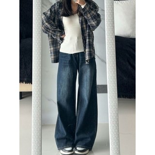 復古通勤簡約大碼闊腿直筒牛仔褲女不貼腿春秋新款顯瘦寬鬆微喇褲