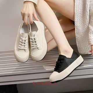 真皮小白鞋女生圓頭厚底小白鞋 透氣小白鞋 大頭休閒鞋 運動鞋 休閒鞋女 透氣運動鞋 軟底不累腳兩穿餅乾單鞋