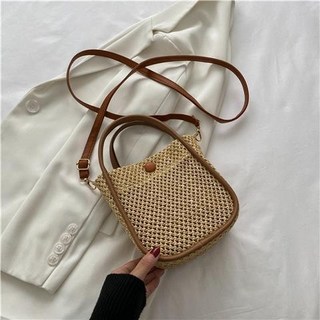 草編小包包女2025新款潮時尚百搭單肩水桶包高級感編織手提斜挎包托特包, 棕色