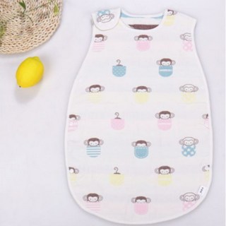 兒童睡袋 D12B C款 純棉嬰兒背心式睡袋 越洗越軟 紗布寶寶防踢被 居家服純棉睡衣 白底 口袋猴子 M 60碼（衣長60*40cm）六層紗