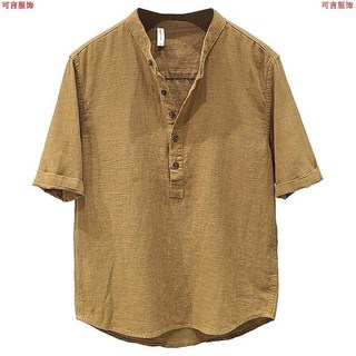 純色亞麻立領短袖襯衫男士工裝夏季新款簡約棉麻時尚青年休閒襯衣