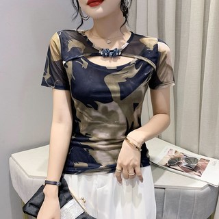 여성 여름 섹시 펀칭 프린트 반팔 티셔츠 패션 슬림 프릴 소매 상의 댄스복 SW23T76