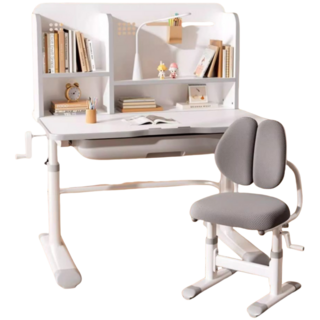 頂級配置手搖升降成長書桌椅組，兒童學習桌，學生電腦桌椅, 追背灰桌椅(書架+追背+乳膠+夾式檯燈), 灰色