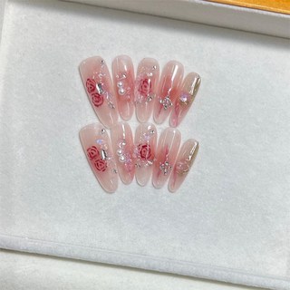 穿戴甲 中長款 碎石堆鑽 拚接鋯石 馬眼 指尖美甲貼片, 1個, 玫瑰花語【長橢圓】,S