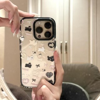 可愛小兔風蝴蝶結手機殼 適用於 iPhone 15 Pro/14/13/12 XR 女款, 1個, 黑色-大孔彩邊PM6487蝴蝶結小兔蘋果13MINI