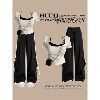 酷颯拽姐工裝褲套裝女夏搭配一整套甜辣假兩件短袖t卹時尚兩件套