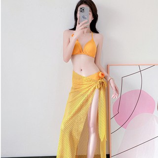 MISS·更衣室【台倉】泰國巴厘島海島度假穿搭分體泳衣女性感比基尼遮肚顯瘦溫泉 韓系泳裝 拍照沙灘寫真, 1829黃色三件套,L適合55.0-60.0公斤
