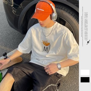 HYC 韓國翻玩INS薯條短T 短袖寬鬆落肩 男女皆可情侶衣 趣味印花上衣, 韓國黑,M