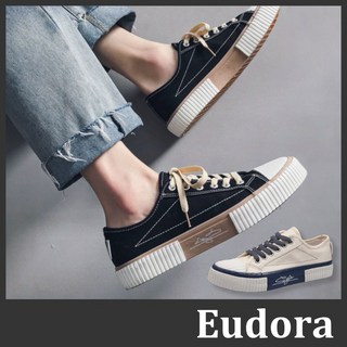 【Eudora】餅乾鞋 厚底帆布鞋 增高布鞋 厚底鞋 休閒鞋 撞色綁帶 低筒短筒平底厚底 平底帆布鞋 包鞋 帆布鞋
