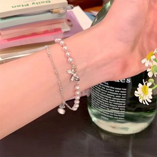 鴻利首飾廠 韓版雙層蝴蝶結珍珠手鏈 時尚甜美高顔值手環 輕奢小衆學生手飾