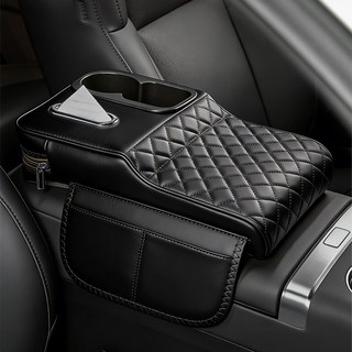 SEVOREN 다기능 자동차 팔걸이 쿠션 대용량 티슈 보관함 팔꿈치 받침대 고탄성스펀지 컵홀더 수납포켓 차량용 콘솔쿠션, 1개, 블랙