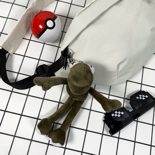 男款單肩斜挎包【台灣熱銷】日系尼龍防水輕便胸包腰包, 白色+青蛙掛件