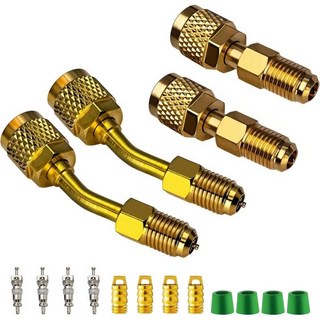 R410a 어댑터 미니 스플릿 시스템용 5/16인치 SAE 여성에서 1/4인치 남성 플레어로 에어컨 및 냉동 서비스용 직선 2개 각진 호스 개스킷 4개 밸브 코어, 2 Straight + 2 Angled