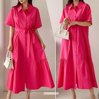 셔츠형원피스 프릴 벨트 롱원피스 (국내산) 9519 여성 봄 여름 여자 면 카라 플레어