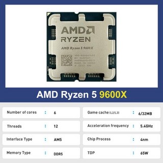 AMD Ryzen 5 9600x 5.4GHz 프로세서 6코어 12스레드 새로운 R5 9600X 통합 그래픽 CPU TDP 65W 소켓 AM5(팬