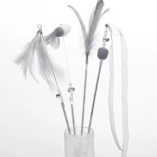 깃털 장식 솜방울 고양이 낚싯대 장난감 5종 세트, 1세트, 그레이