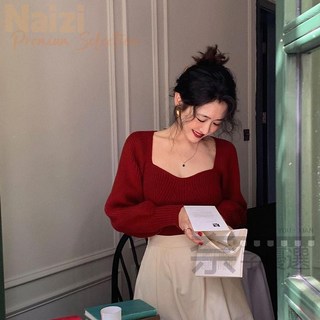 圣誕紅色方領針織打底衫女，冬季法式復古毛衣內搭，新年純欲上衣