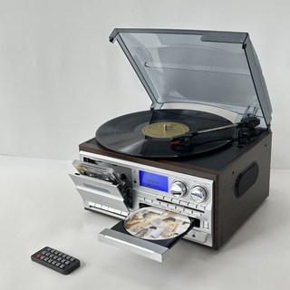 올인원 오디오플레이어 LP CD 카세트 스피커 일체형, 실버+우드