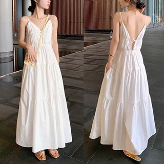 SISI 旅遊渡假露背綁帶V領低胸細肩帶無袖性感A字長裙 連衣裙 連身裙 洋裝 春夏