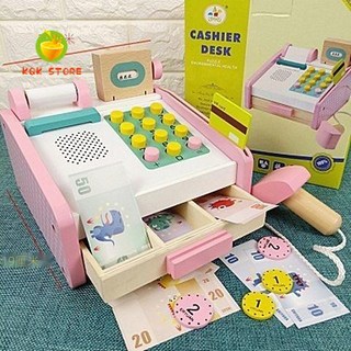 KQK STORE 兒童玩具套裝 木制冰淇淋車 仿真蛋糕茶具 生日禮物 過家家益智玩具, 1個, 收銀機