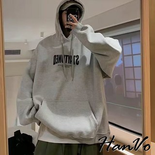 HanVo 男款 STAYTUNED 字母加絨帽T 柔軟保暖長袖連帽上衣 冬季休閒男生衣著 B02-2022