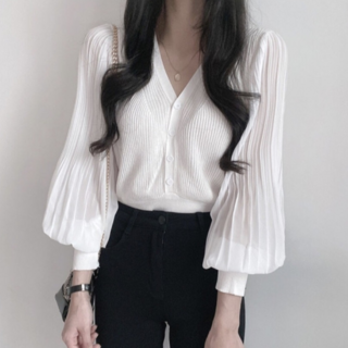 소이 퍼프 블라우스 니트 벌룬 브이넥 쉬폰