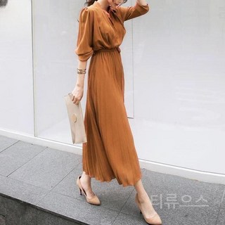 티류으스 여성 시폰 롱슬리브 플리츠 원피스 허리라인 슬림핏 WX