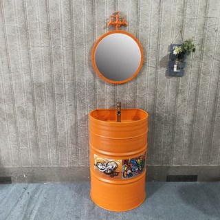 Shark家具 工業風油桶洗臉盆 個性KTV酒吧洗手台 落地立柱盆, 橘黃色帶鏡子（送水龍頭 下水）, 1個