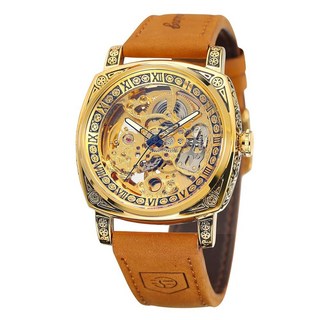 [미국수입정품] FORSINING 남성용 빈티지 스켈레톤 오토매틱 기계식 무브먼트 로마 숫자 손목 시계 천연 가죽 스트랩 포함 골드. 클래식 198714