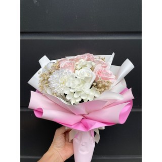 2樓小舖 香皂花束，粉色玫瑰與白色花朵，適合生日、母親節、情人節、婚禮小物, 詳見包裝, 詳見包裝