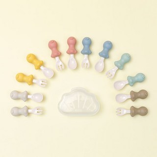 에디슨 조개 문어 펭귄 실리콘 스푼 포크 케이스 세트 휴대용 자기주도 베이비 이유식, 펭귄옐로우 ES1868