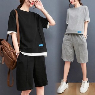 夏日優選 台灣出貨 套裝女 運動套裝女 休閑套裝 休閒運動服套裝 女夏季 假兩件 新款時尚短袖 寬鬆短褲 五分褲兩件套潮