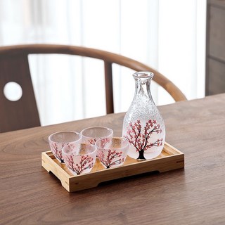 手工日式櫻花玻璃清酒杯套組, 櫻花樹【1壺4杯】+小托盤, 1個