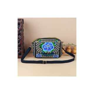 民族繡花女士包包 刺繡手提包 帆布斜挎包, 藍色楊梅花