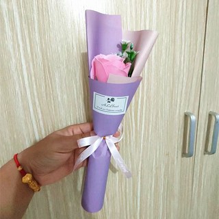 單支康乃馨仿真玫瑰香皂花束 創意禮品 情人節教師節, 玫瑰粉色中紫紙包,花束高度27cm左右, 1個