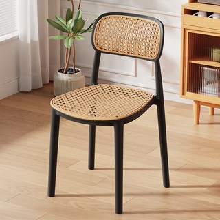 椅子 凳子 塑料椅子 家用餐桌椅 簡約靠背椅 可疊放餐椅 舒適久坐藤編椅凳子靠背, 1個, 【加強款】藤編無橫條-高級黑