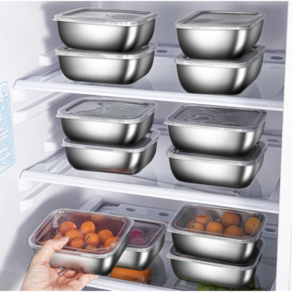 스테인리스 신선보관용기 투명 뚜껑 밀폐식 사각형 냉장고 수납 보관함 10P 세트, 10개, 1세트