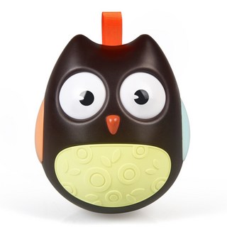 不倒翁玩具 一歲玩具 嬰兒手搖鈴 安撫搖鈴 學爬玩具 長頸鹿玩具, 1個, 棕-貓頭鷹不倒翁搖鈴, 棕