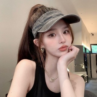 復古牛仔棒球空頂帽子女鴨舌帽新款防曬遮陽灰色帽簷顯臉小