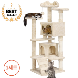 츄츄냥 고양이 대형 원목 캣타워 숨숨집, 1세트, 베이지