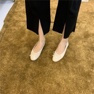 蝴蝶結娃娃鞋 莫蘭迪色 圓頭修身顯瘦, 白杏色,38