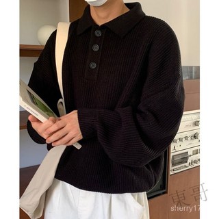 限時下殺 POLO領 針織毛衣 POLO毛衣 落肩 寬鬆 韓國 毛衣 K2秋冬季新款時尚翻領簡約寬鬆毛衣1/2件 BP