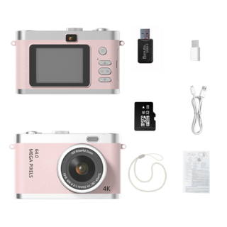 SMABAT 디지털 카메라 셀카렌즈 빈티지 Y2K 디지털 카메라 6400만 4k 화소 SD카드포함, 핑크