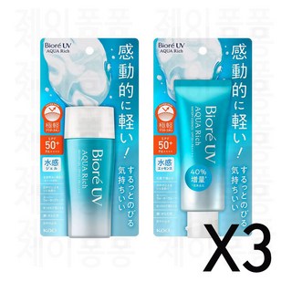 비오레 선크림 3개세트 아쿠아리치 워터리젤 워터리 에센스 70g 2023년 리뉴얼, 3개